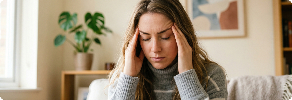 Женщина с головной болью сидит дома