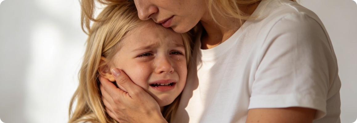 Мама утешает ребенка с болью в ухе