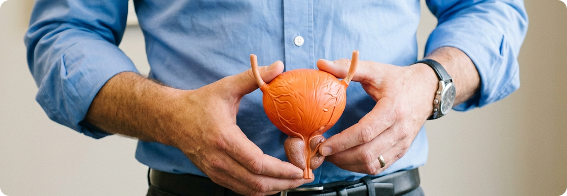 Врач уролог держит модель предстательной железы