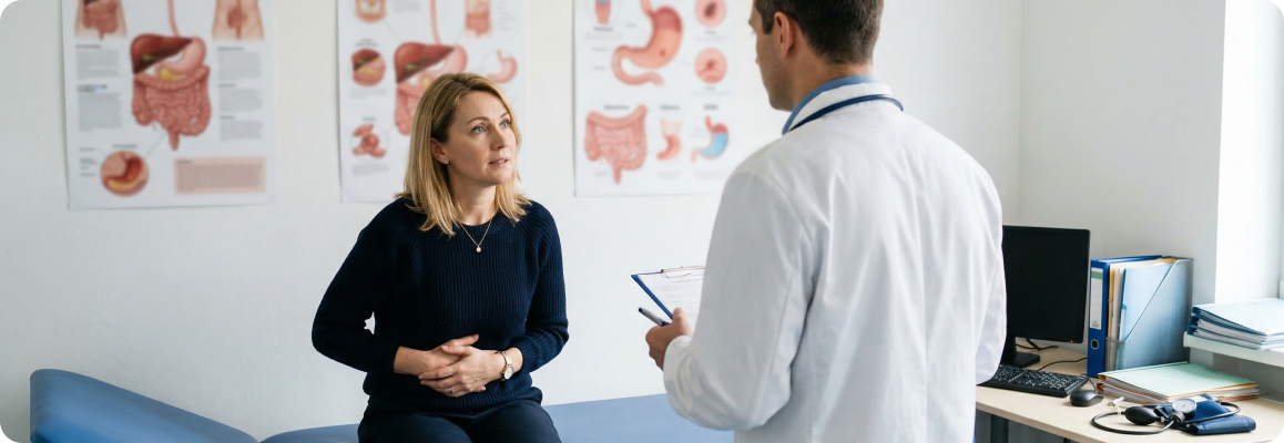 Врач консультирует пациента по поводу боли в животе