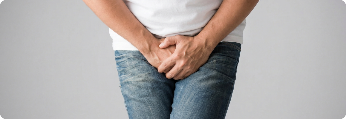 Мужчина держит руки в области паха